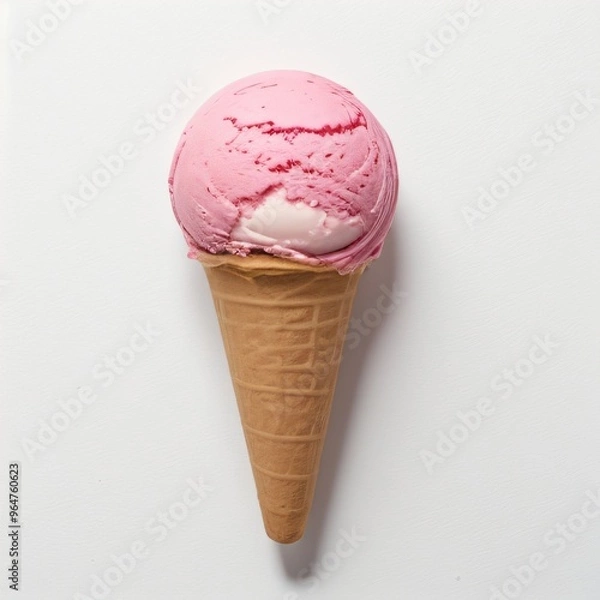 Fototapeta Pink soft serve ice cream in a cone on white background..