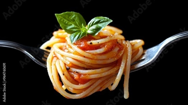 Fototapeta Forkful of Spaghetti with Red Sauce Basil Closeup Isolated Delicious