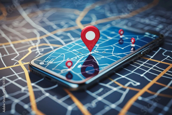 Fototapeta A smartphone with a red dot displayed on the screen, indicating a location on a map, symbolizing navigation or tracking in progress.