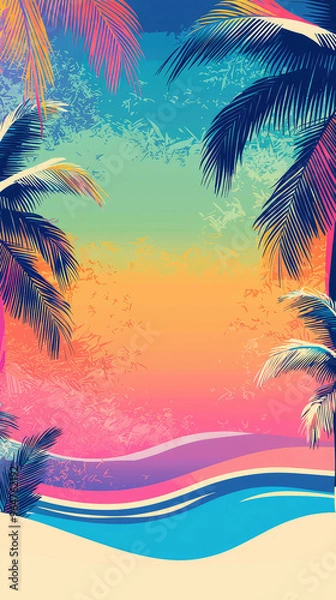 Fototapeta Colorful summer background with palm trees and color splashes, summer beach poster template