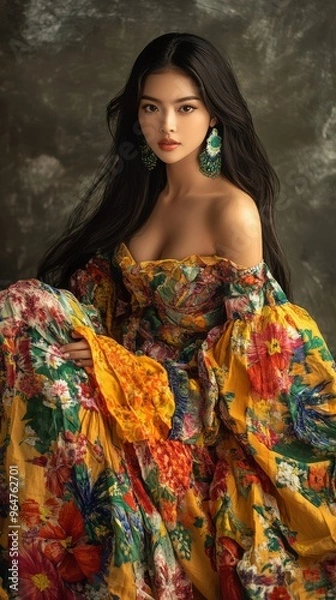 Fototapeta The model elegantly poses in a colorful traditional attire embodying Filipino culture