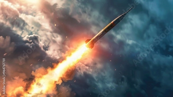 Fototapeta A rocket soars through a cloudy sky, leaving a trail of smoke behind
