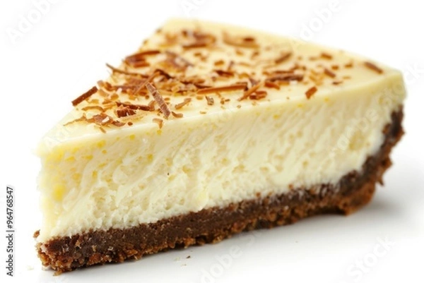 Fototapeta A slice of cheesecake sitting on a clean white surface, perfect for displaying or serving