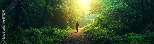 Fototapeta Person walking down a path in a lush forest, beginning a new journey