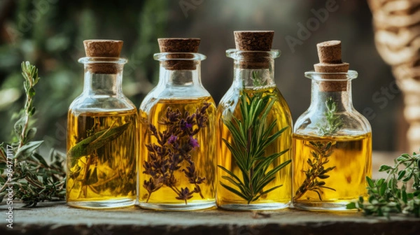 Obraz Natural hair oil made with herbs, packaged in a glass bottle.