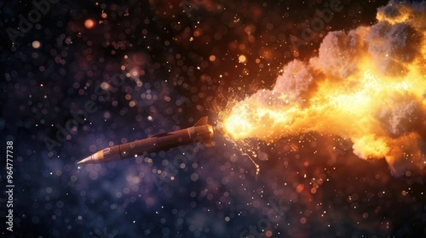 Fototapeta A jet airplane in flight with a fire trail behind, suitable for use in images related to aviation and transportation