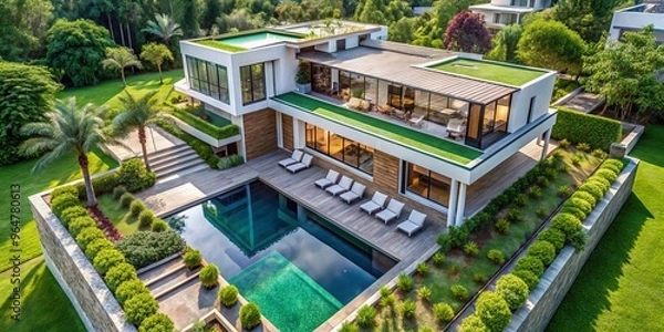 Fototapeta Aerial View of Modern House with Pool and Lush Greenery, Aerial View, Luxury House, Modern Architecture