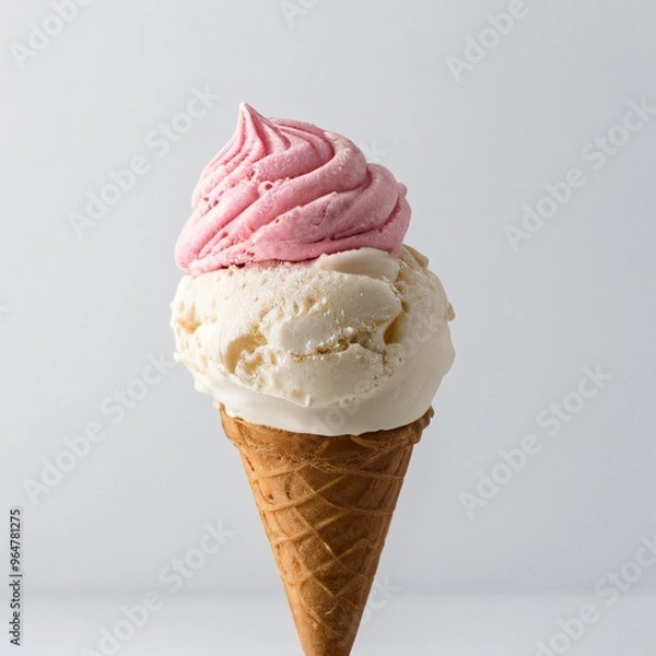Fototapeta Pink soft serve ice cream in a cone on white background..