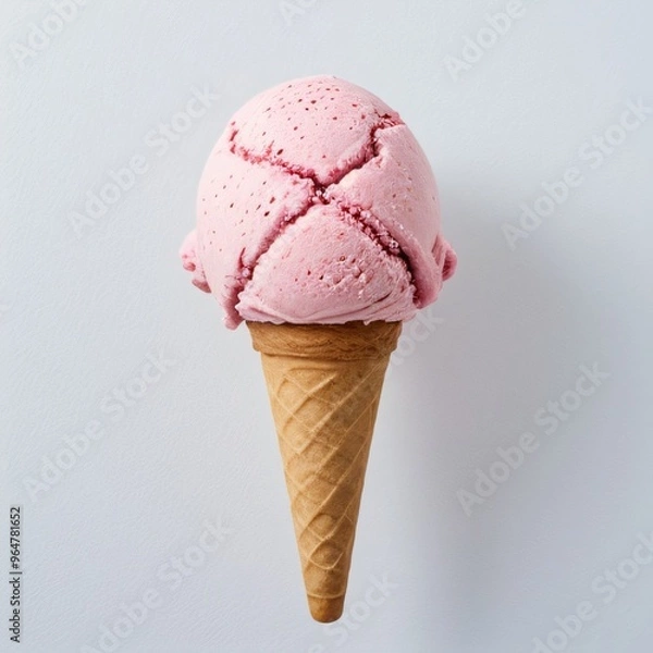 Fototapeta Pink soft serve ice cream in a cone on white background..