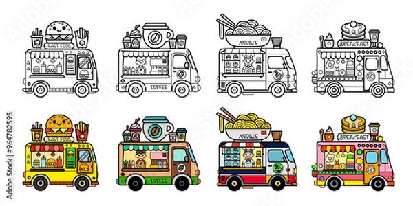 Obraz Food trucks illustration with various cuisines in cute doodle style, fast food, coffee, noodles and breakfast, kawaii outlines.