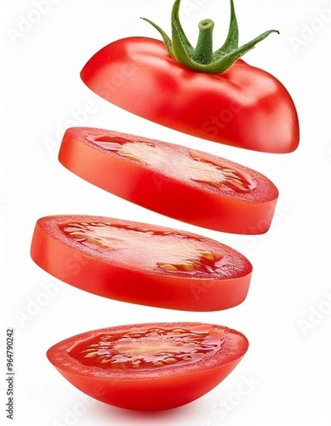 Obraz Cortes de tomate flotando, con un fondo blanco.