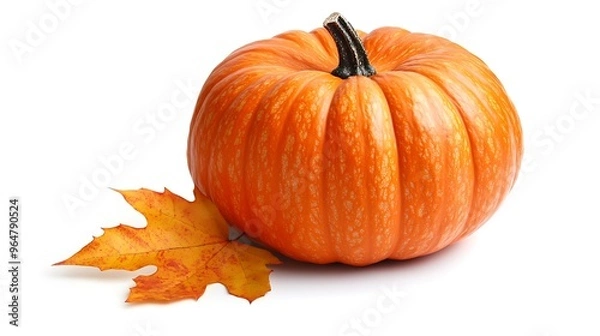 Fototapeta A detailed close-up of a pumpkin with an autumn leaf lying beside it, isolated on a white background. 