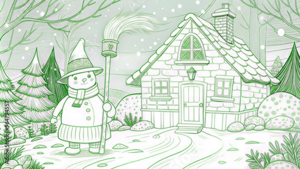 Obraz Winter Landscape with a Snowman Holding a Broom Next to a Cottage