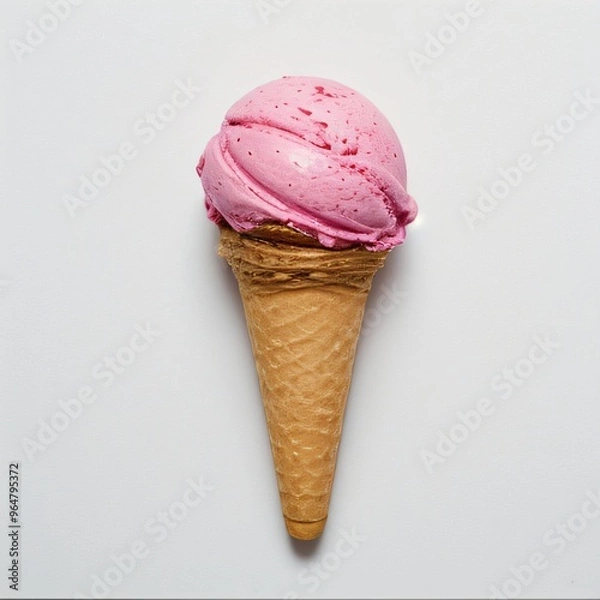 Fototapeta Pink soft serve ice cream in a cone on white background..