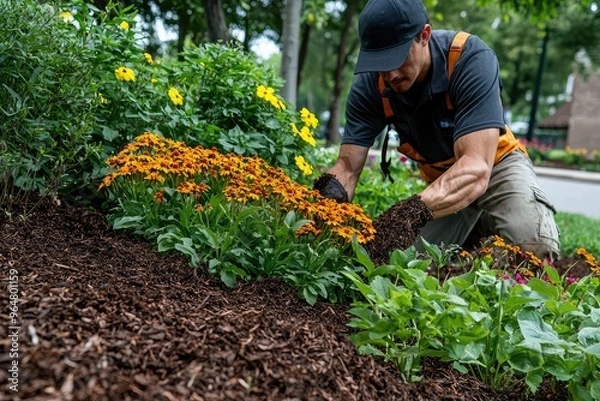 Fototapeta Nurturing Blooms: A Gardener Gently Mulches Flowerbeds to Retain Moisture
