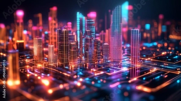 Fototapeta AI-generated cityscape, glowing grids, augmented reality architecture, modern technology
