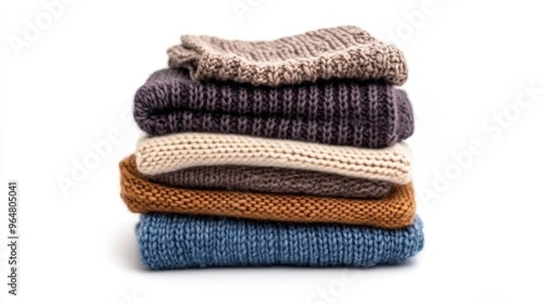 Fototapeta Stack pile of folded wooley knit cloth isolated on white background 