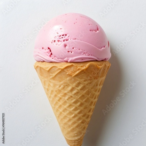 Fototapeta Pink soft serve ice cream in a cone on white background..