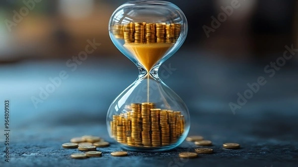 Obraz An hourglass with gold coins flowing through it, representing the concept of time and money.