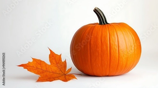 Fototapeta A high-resolution image of a pumpkin with an autumn leaf gently resting next to it.