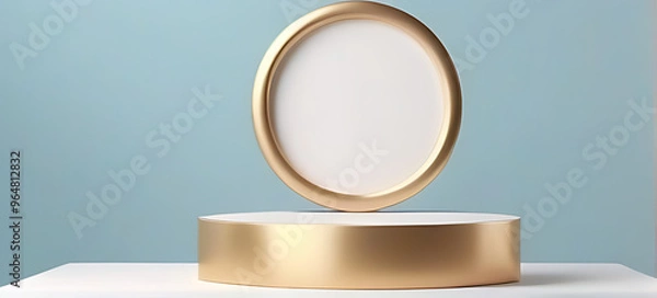 Fototapeta modern illustration pastel blue backdrop white podium gold frame product showcase minimalist design geometric shapes soft colors rendering mockup