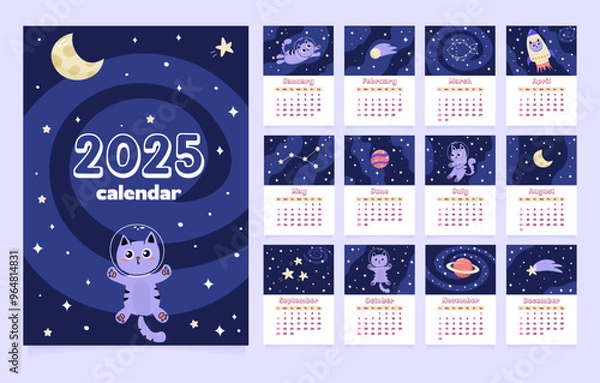 Fototapeta 2025 Calendar Template. Monthly calendar 2025 with space cute cat astronaut in space. 12 months design template. Starts on Sunday. Modern calendar for kids. Vertical calendar