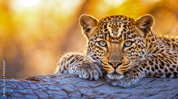 Obraz A leopard relaxes on a tree branch during sunset in a savannah landscape, showcasing its striking spotted fur and piercing gaze