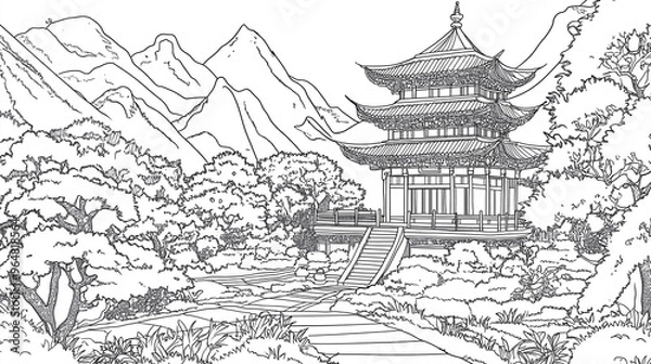 Fototapeta Japanese temple in mountain. Japan style building in morning, coloring page for adults and children. Antistress color book page with asian korean chinese build. Nature landscape with tree
