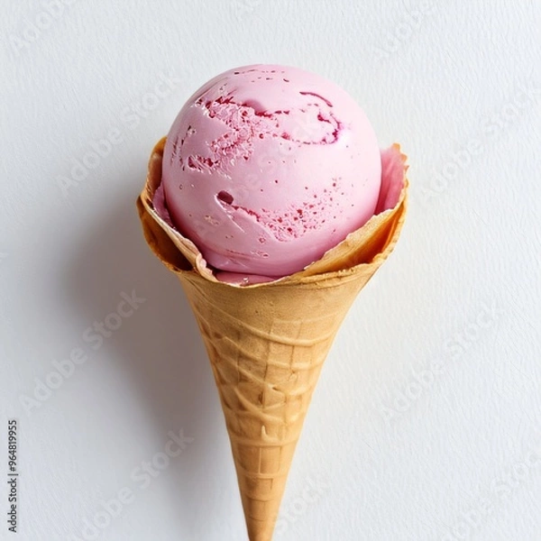 Obraz Pink soft serve ice cream in a cone on white background..