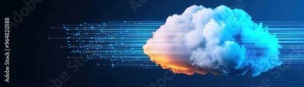 Obraz Digital cloud with cascading data streams, representing efficient data processing, Cloud Processing, Data Efficiency