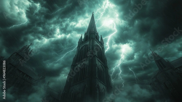 Obraz Gothic Cathedral Tower Amidst Lightning Storm and Dark Skies