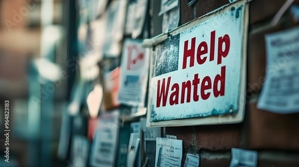 Fototapeta A stock photo of a "Help Wanted" sign pinned to a business notice board filled with other announcements and flyers.