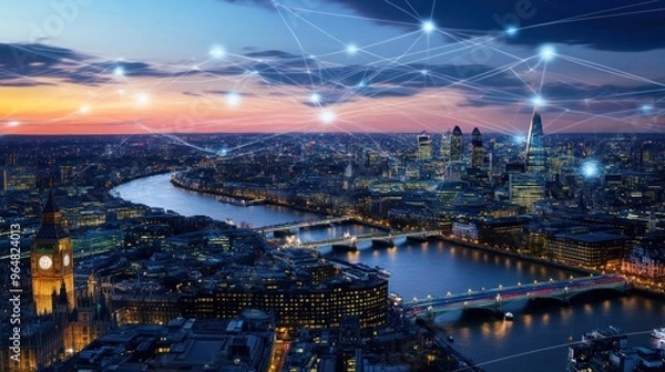 Fototapeta London Skyline at Sunset with Connected Network