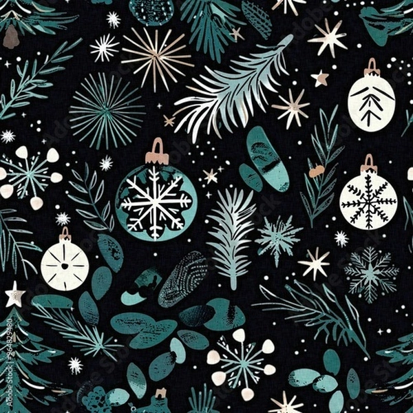 Obraz Elegant winter christmas greenery seamless pattern with snow template element design. Festive rustic textile foliage pattern with tree, snowflake and decorative cloth fabric texture background.