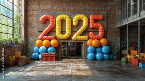 Fototapeta Happy New Year 2025 Number. Symbols realistic cartoon 3d render with gift box. Christmas decoration. Celebrate party color sign 2025. Xmas Poster, banner. ai generated