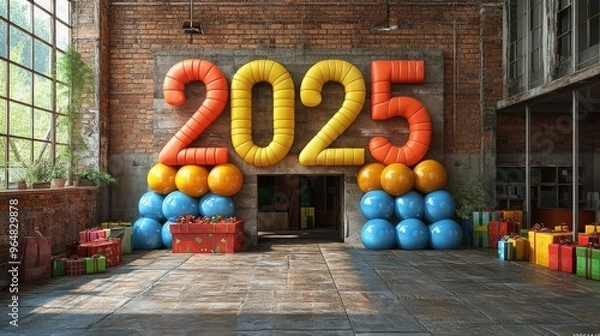 Fototapeta Happy New Year 2025 Number. Symbols realistic cartoon 3d render with gift box. Christmas decoration. Celebrate party color sign 2025. Xmas Poster, banner. ai generated