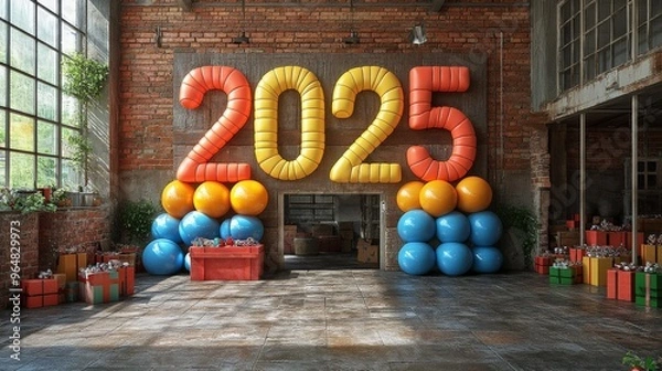Fototapeta Happy New Year 2025 Number. Symbols realistic cartoon 3d render with gift box. Christmas decoration. Celebrate party color sign 2025. Xmas Poster, banner. ai generated
