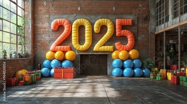 Obraz Happy New Year 2025 Number. Symbols realistic cartoon 3d render with gift box. Christmas decoration. Celebrate party color sign 2025. Xmas Poster, banner. ai generated