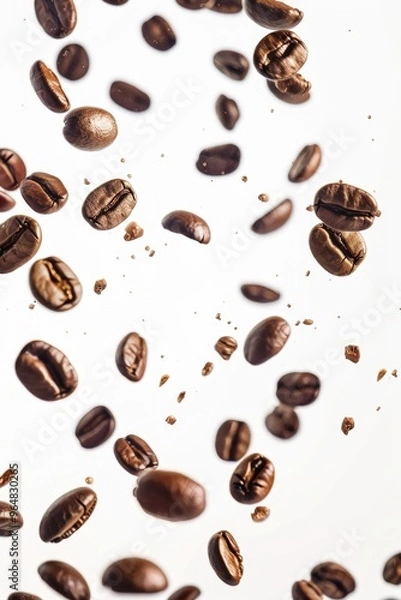 Fototapeta A stack of freshly roasted coffee beans on a clean white surface, perfect for your next coffee-themed project