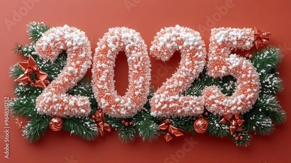 Obraz Happy New Year 2025 Number. Symbols realistic cartoon 3d render with gift box. Christmas decoration. Celebrate party color sign 2025. Xmas Poster, banner, cover card, brochure. ai generated