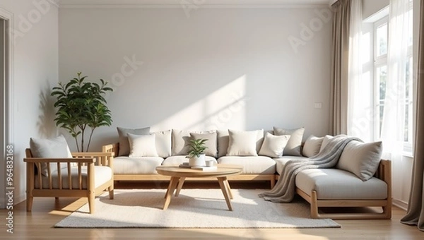 Fototapeta Cozy Scandi living room with light wood furniture neutral tones textured throws highres