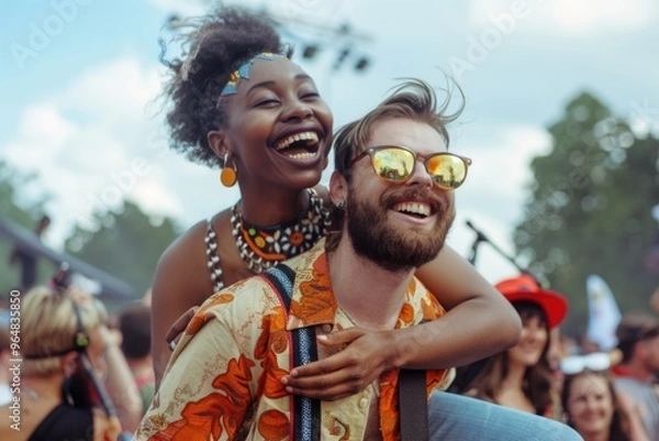 Fototapeta A man is seen carrying a woman on his back, both smiling and enjoying the atmosphere at a music festival