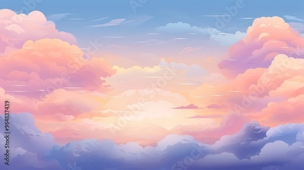 Fototapeta Serene Sunrise Sky with Fluffy Pink Clouds. Digital Art Cloudscape. Calm, Peaceful and Tranquil Atmosphere.