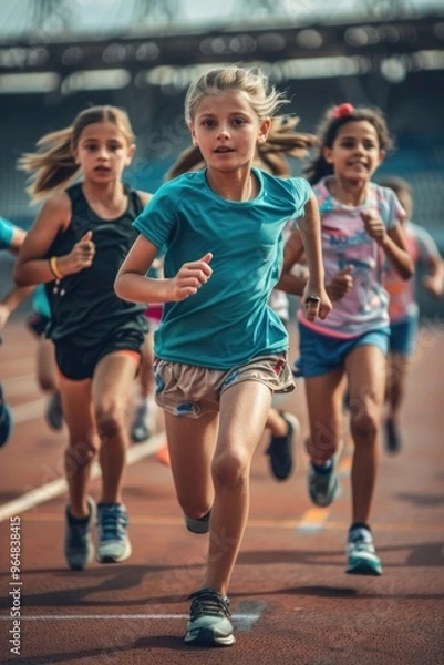 Fototapeta Group of young girls running on a track