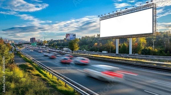 Fototapeta A stock photo featuring a large, empty billboard standing tall alongside a busy highway.