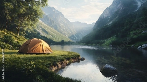 Obraz A picturesque scene of a camping tent nestled on a grassy expanse next to a crystal-clear river, framed by towering mountains.