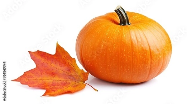 Fototapeta A plump pumpkin with a vivid autumn leaf situated in front of it, isolated on a white backdrop