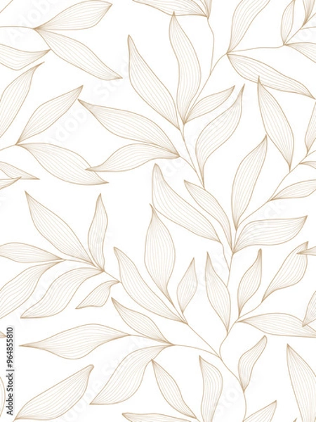 Fototapeta Seamless white and gold floral background with leaves. Hand drawn minimal abstract organic shapes pattern. Delicate vector white abstact pattern with gold leaves.