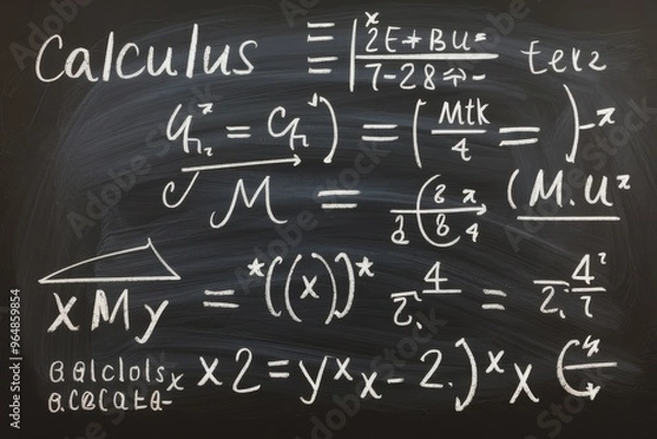 Fototapeta Math equations in white chalk on dark chalkboard background, focusing on calculus and algebra problems - academic education, mathematical problem-solving, scientific research