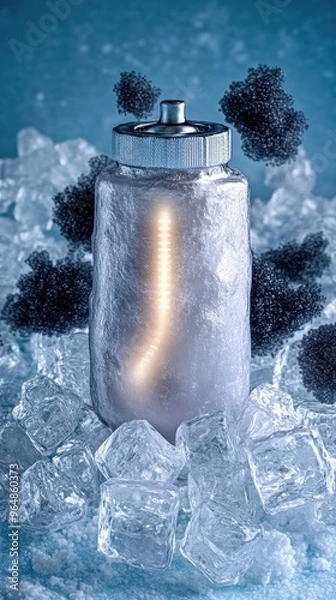Fototapeta Innovative Frozen Energy Container with Metallic Cap and Glowing Light Surrounded by Ice Cubes in a Cool Blue Setting